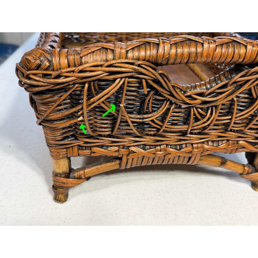 Vintage Footed Rattan Wicker Basket Tray Handles Wooden Base 17" x 13" - Picture 6 of 7